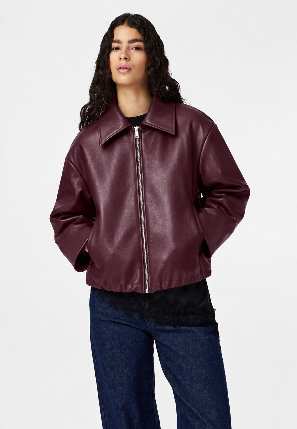 Wine red leather jacket A